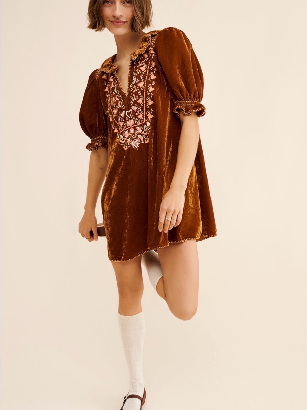 Free People Freta Rust Velvet Embroidered Puff-Sleeve Mini Dress Large